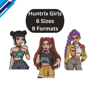 Peut inclure: Image présentant trois personnages féminins stylisés avec différentes coiffures et tenues. Le texte "Huntrix Girls, 6 Sizes, 9 Formats" est affiché au-dessus des personnages. Les personnages sont dans des tons de noir, turquoise, jaune et violet.