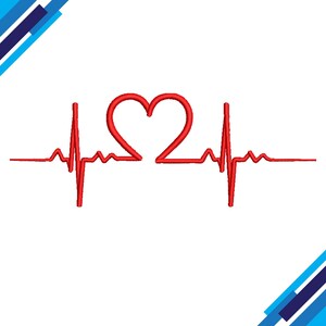 May include: A red heart shape is integrated into a red electrocardiogram line, symbolising a heartbeat. The design is set against a white background, with blue and black diagonal lines in the corners.