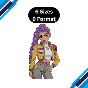 Può includere: Illustrazione di una donna con i capelli viola che indossa una giacca gialla, pantaloni grigi e una cintura rossa. L'immagine include il testo "6 Sizes 9 Format" in un ovale nero.