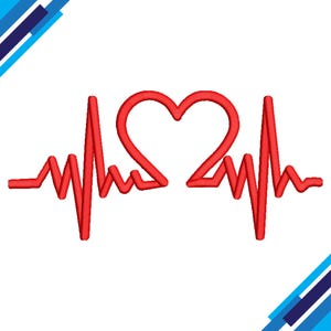 May include: A red heart shape is integrated into a red heartbeat line design. The design is on a white background with blue and black diagonal lines in the corners. This graphic is suitable for medical or romantic themes.