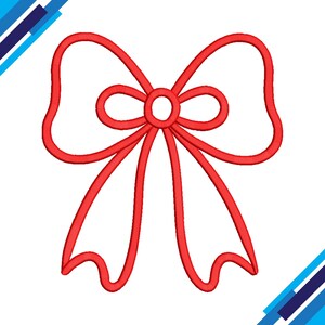 Op de afbeelding: Een rood strikdesign met een gedetailleerde omtrek. De strik heeft lussen en linten, perfect voor borduur- of knutselprojecten. Het ontwerp staat tegen een witte achtergrond.