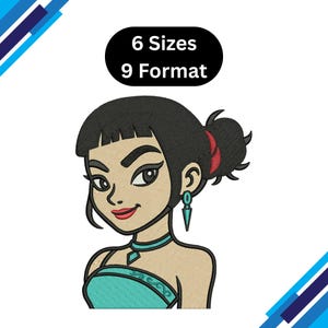 May include: An embroidered cartoon portrait of a woman with black hair, a red hair tie, and turquoise jewelry. The image includes the text "6 Sizes 9 Format" in a black oval.