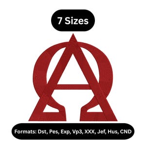 Peut inclure: Un motif brodé rouge représentant la lettre grecque Oméga combinée à la lettre A. Au-dessus du motif se trouve une étiquette noire avec le texte blanc 7 Sizes. En dessous, une étiquette noire avec le texte blanc Formats: Dst, Pes, Exp, Vp3, XXX, Jef, Hus, CND.