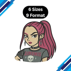 May include: A cartoon illustration of a woman with pink hair in a high ponytail, wearing a gray t-shirt with the text "LOVE MIS" and a skull graphic. The image also includes the text "6 Sizes 9 Format" in a black oval.