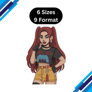 May include: An illustration of a woman with long red hair in pigtails, wearing a black t-shirt with the text "DON'T MISS" and yellow shorts. The image also includes the text "6 Sizes 9 Format" in a black oval.