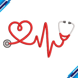 May include: A red stethoscope design, with the chest piece forming a heart shape, connected to a pulse line. The stethoscope's earpieces are white and black. The design is on a white background.
