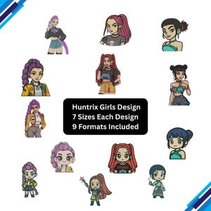May include: A selection of cartoon girl designs in various styles and colours. The image includes text that reads "Huntrix Girls Design, 7 Sizes Each Design, 9 Formats Included."