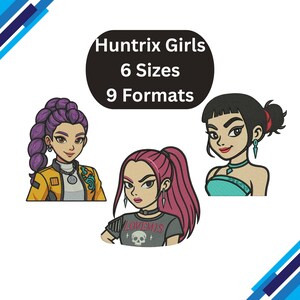 Peut inclure: Illustration de trois personnages féminins stylisés avec différentes coiffures et tenues. L'image comprend le texte "Huntrix Girls, 6 Tailles, 9 Formats."