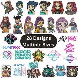 Könnte beinhalten: Eine Sammlung von 28 Stickmustern mit Anime-Charakteren und Logos. Die Designs zeigen verschiedene weibliche Charaktere mit unterschiedlichen Frisuren und Outfits, zusammen mit dem Text "28 Designs Multiple Sizes".