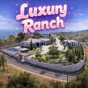 Puede incluir: Vista aérea de una lujosa finca en un paisaje montañoso. La propiedad cuenta con múltiples edificios blancos, una piscina y una carretera sinuosa. El cielo muestra el texto "Luxury Ranch" en letras rosas.