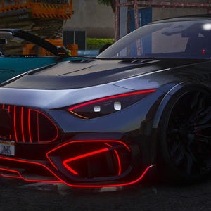 Op de afbeelding: Een donkergrijze sportwagen met rode accentverlichting aan de voor- en zijkant, geparkeerd naast een turquoise cabriolet. De sportwagen heeft een zilveren motorkap en zwarte wielen.