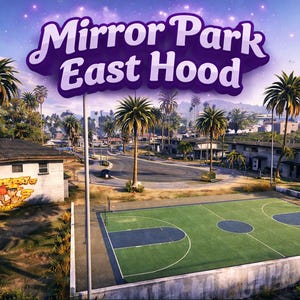 Op de afbeelding: Een luchtfoto van een basketbalveld in een woonwijk. Het veld is groen met blauwe accenten, omringd door palmbomen en gebouwen. De tekst "Mirror Park East Hood" staat in een paarse banner.