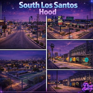 Pode incluir: Imagem composta de uma paisagem urbana noturna com o texto "South Los Santos Hood". A imagem é dividida em seções mostrando ruas, edifícios e uma quadra de tênis, tudo sob um céu roxo e estrelado.