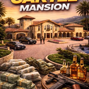 Op de afbeelding: Digitale illustratie met de tekst "CARTEL MANSION" boven een groot huis, auto's, geld, wapens en drankflessen. De scène toont een luxueuze levensstijl met stapels contant geld en een aanvalsgeweer op een houten tafel.