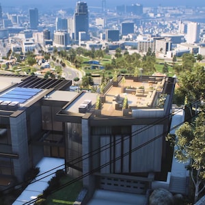 May include: An aerial view of a modern building with a flat roof, solar panels, and large windows. The building is surrounded by lush greenery and overlooks a cityscape with tall buildings and a body of water in the distance.