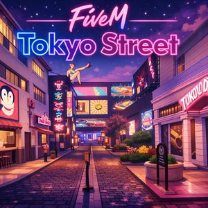 May include: An illustration of a neon-lit street scene at night. The image features the text "FiveM Tokyo Street" in pink and blue neon. Buildings with illuminated signs and a shop named "Tokoyo Deller" are visible.