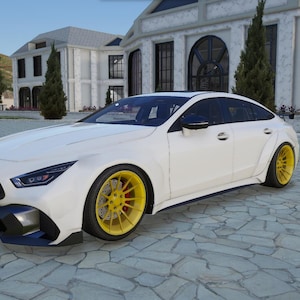 Op de afbeelding: Een witte luxe auto met gele velgen staat geparkeerd op een geplaveide oprit. De auto heeft een strak design met zwarte accenten en getinte ramen. De achtergrond toont een groot wit gebouw en groene bomen.