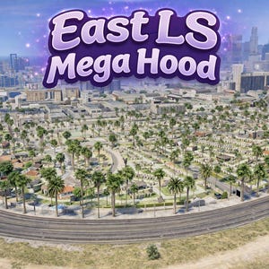 Op de afbeelding: Een luchtfoto van een stad met palmbomen, wegen en gebouwen. De tekst "East LS Mega Hood" wordt weergegeven in een paarse bubbel bovenaan de afbeelding. Op de achtergrond zijn een brug en wolkenkrabbers te zien.