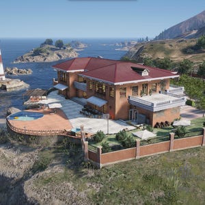 May include: A coastal estate with a red-tiled roof, a brick facade, and a lighthouse in the background. The property includes a pool, a patio, and a brick fence. The ocean and a mountain range are also visible.