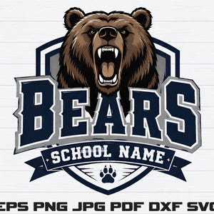 Pode incluir: Um design gráfico apresentando uma cabeça de urso pardo com a boca aberta e dentes visíveis, centralizado acima da palavra BEARS em letras grandes azul-escuras, com o texto SCHOOL NAME em uma faixa e um ícone de pata na parte inferior.