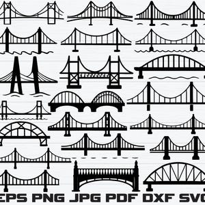 May include: A collection of black and white bridge illustrations in various designs. The image includes different bridge styles, such as suspension, arch, and beam bridges. The image also includes the text "EPS PNG JPG PDF DXF SVG".