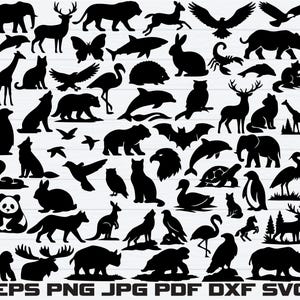 May include: A selection of black animal silhouettes, including elephants, deer, lions, rabbits, birds, and others. The image also includes file type options: EPS, PNG, JPG, PDF, DXF, and SVG.
