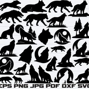 Op de afbeelding: Een verzameling zwarte wolfsilhouetten in verschillende poses, waaronder rennen, huilen en staan. Sommige ontwerpen bevatten bomen, manen en cirkelvormige achtergronden. De tekst onderaan: EPS PNG JPG PDF DXF SVG.