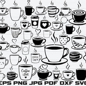 Puede incluir: Una colección de ilustraciones gráficas en blanco y negro con varias tazas de café, tazones y recipientes para llevar con vapor, corazones y patrones. El texto "COFFEE TIME" y "COFFEE LOVE" aparece en dos tazas, con formatos de archivo abajo.