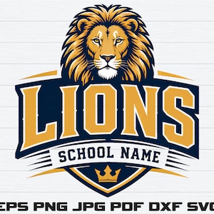 May include: A graphic logo featuring a detailed lion head illustration in gold and dark blue. The word LIONS is displayed in large gold block letters, with the text SCHOOL NAME below it, followed by a small gold crown icon at the bottom center.