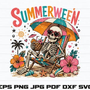May include: A graphic illustration featuring a skeleton wearing heart-shaped sunglasses, sitting in a beach chair under a colourful umbrella. The skeleton holds a pineapple drink. The text SUMMERWEEN appears above, surrounded by palm trees, hibiscus flowers, seashells, and a sun.