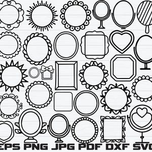Pode incluir: Uma coleção de ilustrações de arte linear em preto e branco com várias formas de espelhos e molduras, incluindo designs circulares, ovais, em forma de coração e retangulares, com o texto EPS PNG JPG PDF DXF SVG na parte inferior.