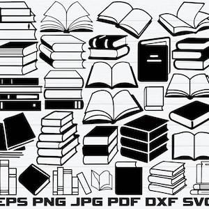 Può includere: Una collezione di illustrazioni di libri in bianco e nero in vari stili. Sono raffigurati pile di libri, libri aperti e singoli libri. Il testo "EPS PNG JPG PDF DXF SVG" è in basso.
