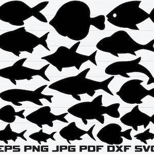 Puede incluir: Una colección de veinte siluetas de peces negras de diversas formas y tamaños dispuestas en una cuadrícula. El texto EPS PNG JPG PDF DXF SVG está impreso en negro en la parte inferior de la imagen, indicando los formatos de archivo disponibles.