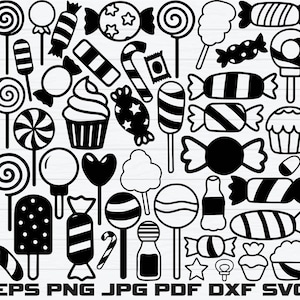 May include: A black and white graphic of various candies, including lollipops, hard candies, and cupcakes. The image includes the text "EPS PNG JPG PDF DXF SVG" at the bottom.