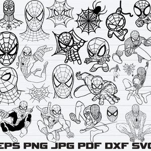 Puede incluir: Una colección de ilustraciones en blanco y negro de Spider-Man en varias poses y estilos, incluyendo retratos, cuerpo completo y poses de acción. La imagen también incluye telarañas y los tipos de archivo: EPS, PNG, JPG, PDF, DXF y SVG.