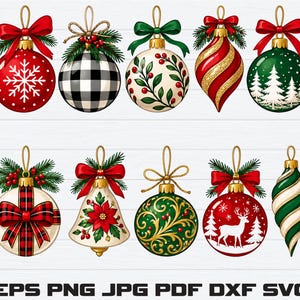 May include: A collection of ten decorative Christmas ornaments featuring various designs including snowflakes, buffalo plaid, holly, pine trees, poinsettias, and a reindeer, each topped with a gold cap, pine needles, and a ribbon bow.