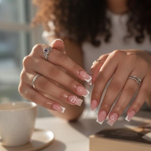 Può includere: Primo piano di mani con unghie curate. Le unghie presentano un design a punta francese con punte bianche e una base rosa chiaro. Delicati disegni di fiocchi bianchi sono dipinti su alcune unghie. Anelli d'argento adornano le dita.