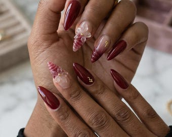 Nails Schildpatt & Kirschblüte | Luxus Gelnägel Mandelform | Handgefertigt Tortoise Shell French | Dezent und Edel | 24 Stk. Press on