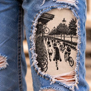 Distressed Jeans Patch, Sew On Denim Repair Patch, Outside Stitching, Visible Mending, Handmade Fabric Patch