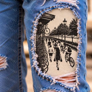 Distressed Jeans Patch, Sew On Denim Repair Patch, Outside Stitching, Visible Mending, Handmade Fabric Patch