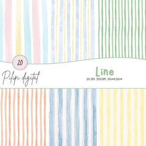 Puede incluir: Paquete de papel digital con rayas verticales de acuarela en tonos pastel de rosa, amarillo, azul y verde. La imagen incluye el texto "Line" y "Pilipi digital". Cada papel mide 30 cm x 30 cm.