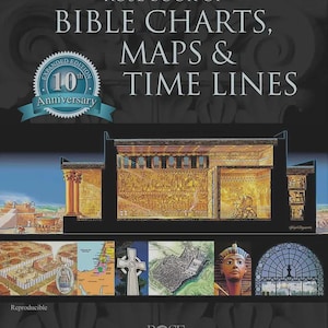 May include: A book cover with the title "ROSE BOOK OF BIBLE CHARTS, MAPS & TIME LINES." The cover features illustrations of ancient architecture, maps, and a pharaoh's bust. The book is an expanded 10th-anniversary edition.