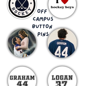 May include: A collection of six circular button pins featuring various designs: a Briar Hockey logo, text reading I heart hockey boys, a photographic scene of two people, a hockey jersey with Graham 44, and text labels for Graham 44 and Logan 37.