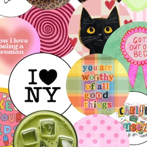 May include: A collage of circular designs with various patterns and text. Designs include leopard print, hearts, a black cat, and the phrases "Diva", "literally just a woman", and "I NY". A glass of green drink is also visible.