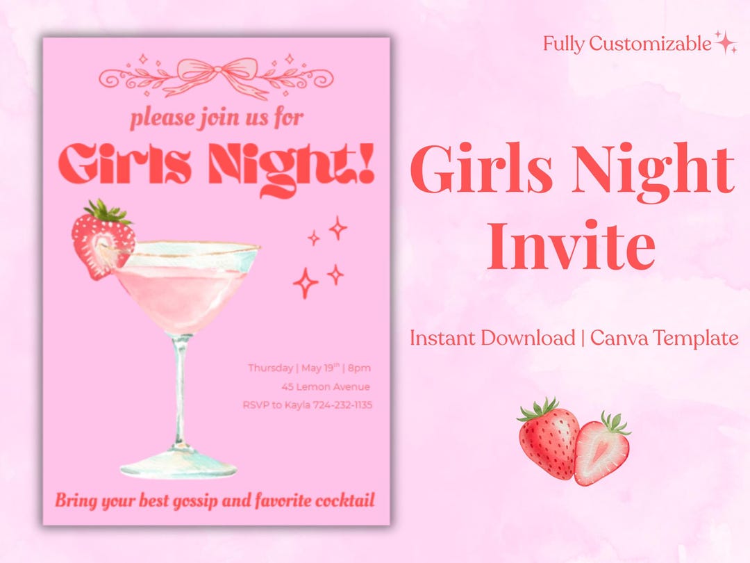 Girls Night Invitation Template, Bachelorette, Birthday, Cocktail Party ...