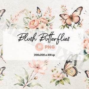 Puede incluir: Mariposas Blush - 11 ilustraciones digitales PNG de mariposas con acentos florales. 2100x2100 píxeles a 300 dpi.