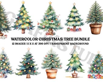 Watercolor Christmas Trees PNG Bundle | Digital Download Clipart | Holiday Art Set