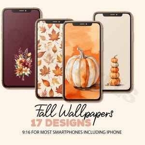 Autumn Phone Wallpaper: Fall Leaves, Pumpkins (Digital Download)