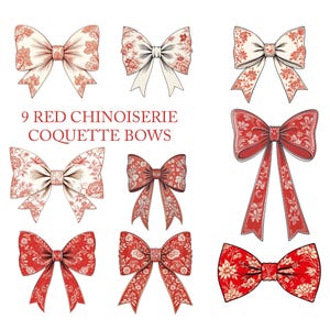 Toile Chinoiserie Bow PNG Coquette Toile de jouy Clip Art Floral vermelho Grand Millenial Retro Trendy Popular Sublimação design Estética