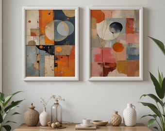 Boho Abstract Set 2 Print, Mid Century Modern Home Decor, Geometric Wall Art Design, Terracotta Tones, Digital Wall Art
